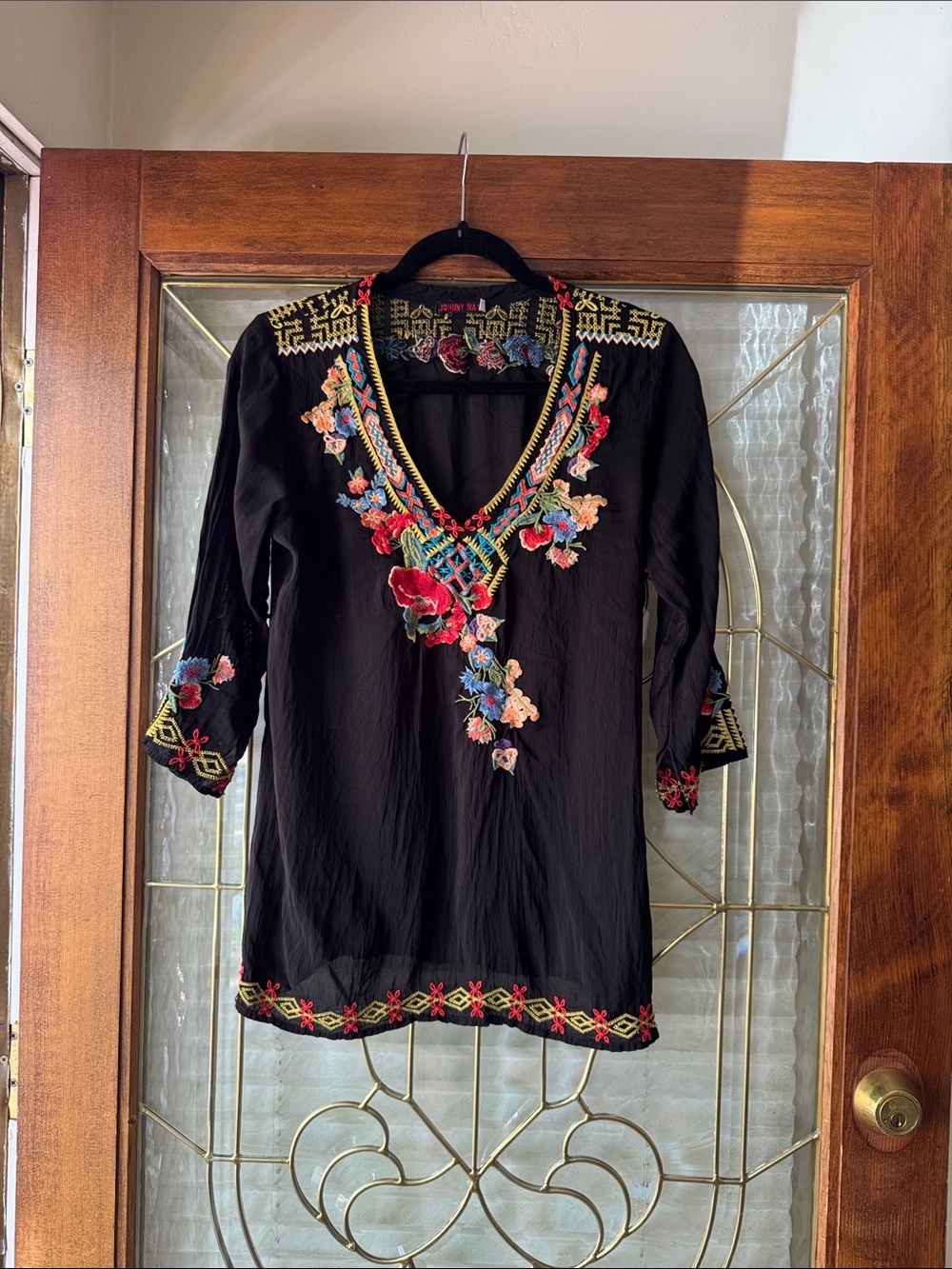 Johnny Was Black Tunic with Multicolor Floral Embroidery